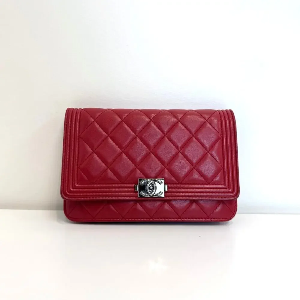 CHANEL Red Quilted Lambskin Leather Boy Wallet on Chain Silver CC Logo Crossbody